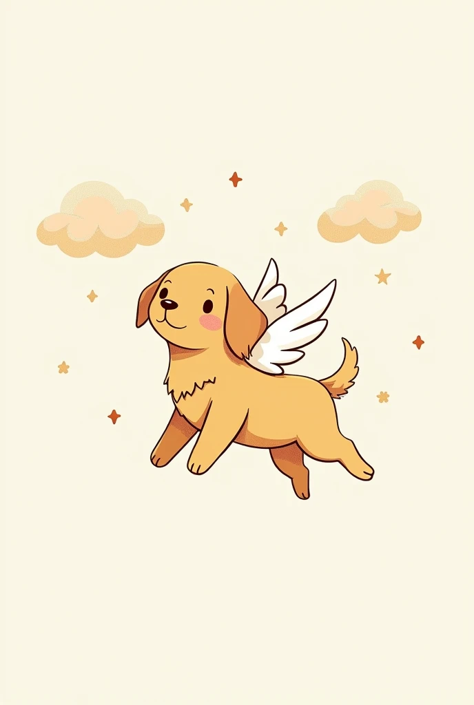 Simple thin line drawing Cute illustration Hand-drawn cartoon style Animal characters(Golden Retriever ) Gentle expression, curious expression, pastel colors, limited color usage、Simple background Character is centered Dog has wings Flying towards the clouds There are clouds above For children Gentle Peaceful