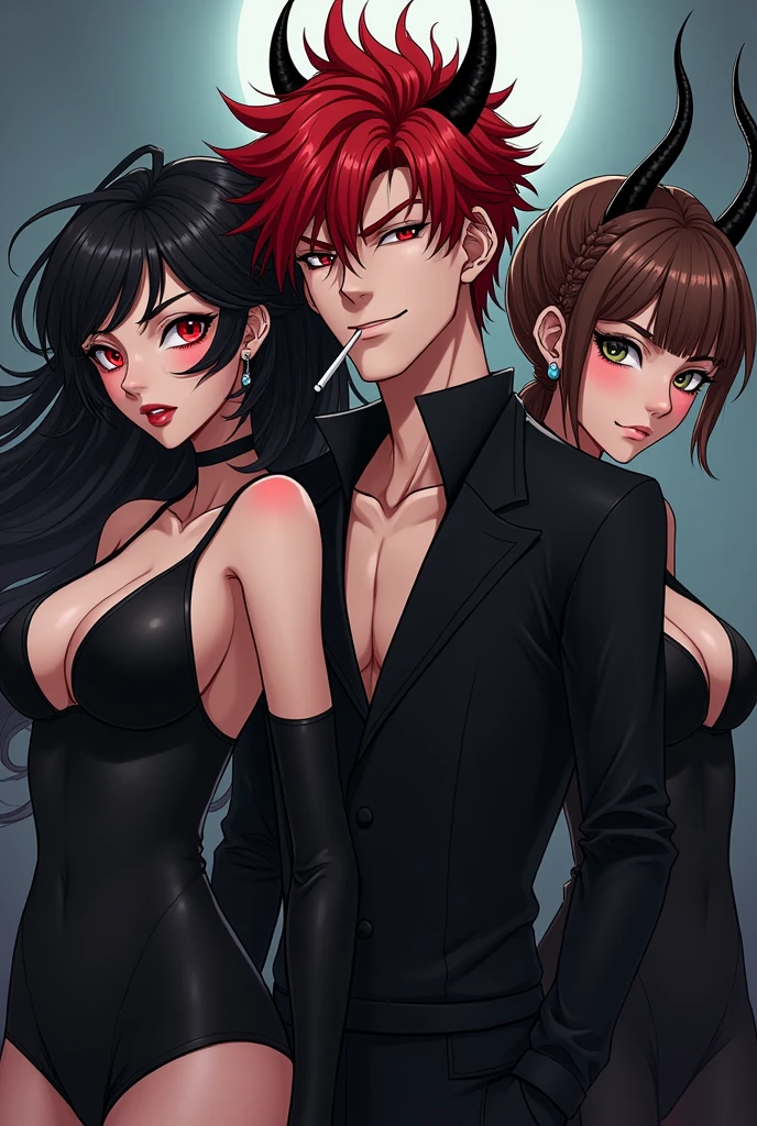 Genera 3 personajes de anime un hombre y dos mujeres El hombre con pelo rojo y mechones negros ropa negra fumando Con horns y Red eyes la Mujer 1 Blanca, black hair somewhat curly, Red eyes, shoulder length hair, busto grande y horns y la mujer 2 Morena, short straight hair, braids on the sides, elegant, horns, tired face and eye shadow