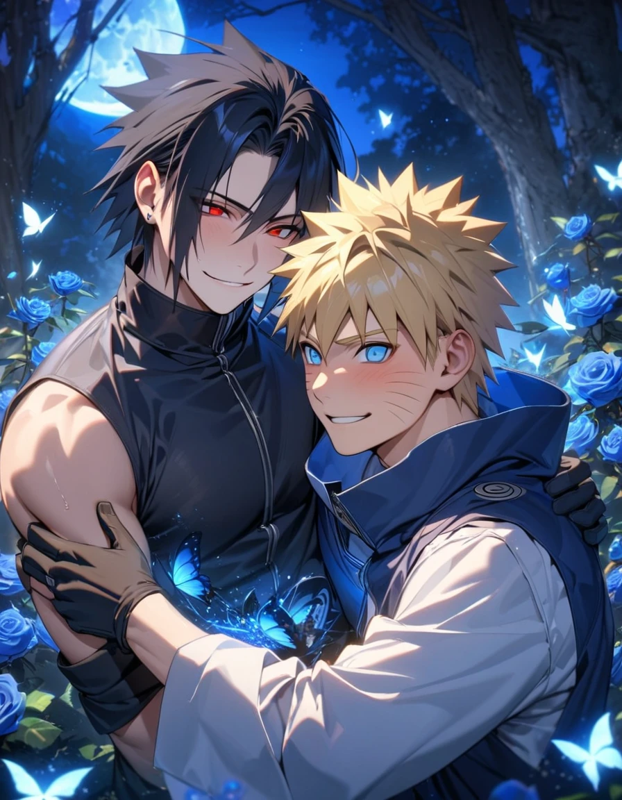 absurdres, highres, ultra detailed, HDR, master piece, best quality, extremely detailed, detailed face, Uchiha Sasuke, black hair, expressive red eyes, Naruto Shippuden, Uzumaki Naruto, blonde hair, expressive blue eyes, two sexy men together, yaoi, gay couple, handsome, smile, dark blue coat with high collar, blue vest, black shirt, black gloves, blue cravat, magical, fantasy, under a blue tree, blue lightning, blue flames, blue moon, blue fireflies, blue roses, blue butterflies, glass magic