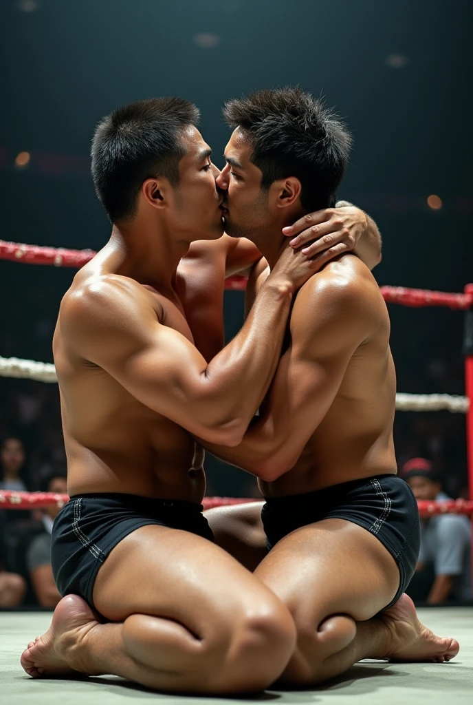 A young Japanese professional wrestler A and a senior Japanese professional wrestler B are in the ring.。They are on the same team。
A is buzzcut and muscular、Wearing short tights。Sweaty。
B is short-haired, muscular, and dark-skinned、Wearing short tights。
A and B kneel in the ring, embrace each other, kiss and celebrate their victory. Fujifilm, look up, 