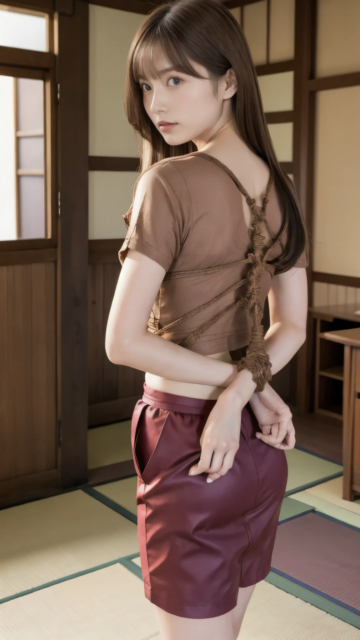 Highest quality, detailed, beautiful, insanely detailed, Absurd, Japanese women, Age 27, (thin), Light brown hair, Shiny Hair, Straight Hair, Delicate hair, Model body type, Completely naked, Hands should be put around the back, shibari, Bind tight, Wear a red short-sleeved blouse, Wear a navy blue skirt, Japanese Room , Standing on tatami mats , Viewer view from the front, Anatomically correct body, whole body,