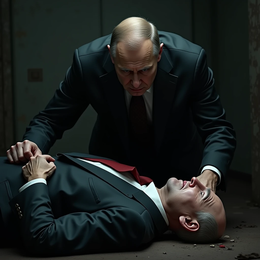 Vladimir Putin drinking vodka and Biden dead in the oval office 