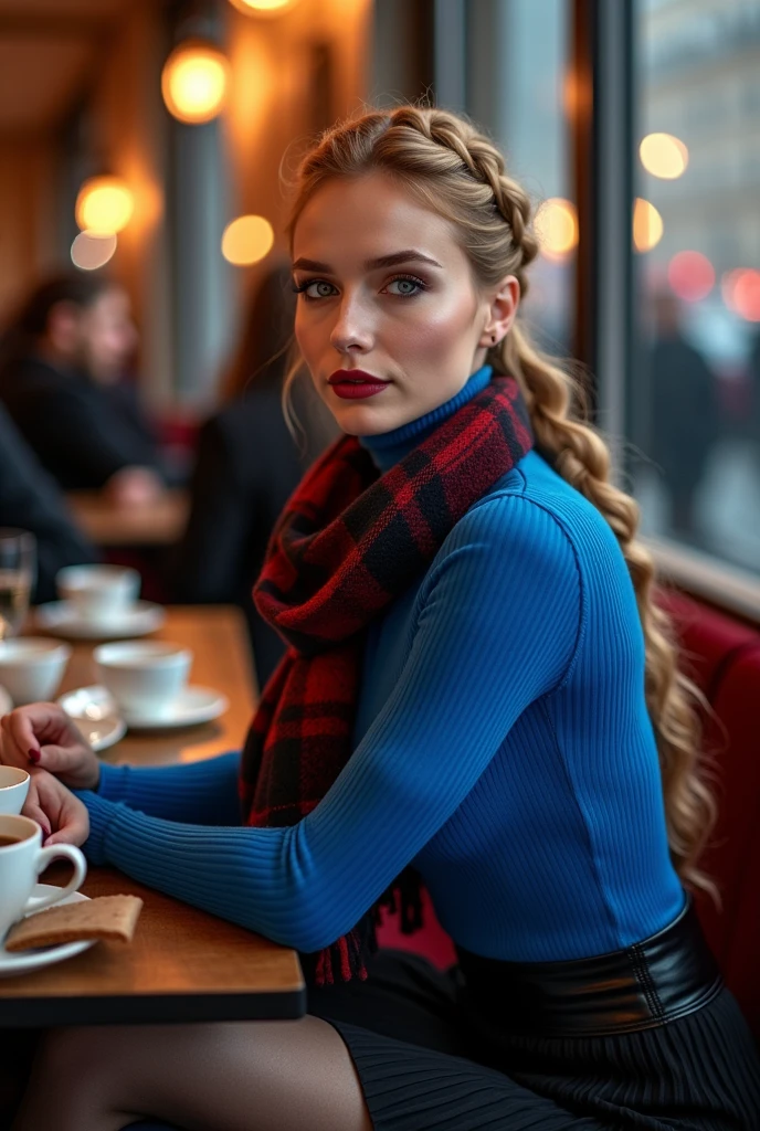 professionally color graded photograph. sitting across table. A young, athletic Russian woman. slavic facial features. long strawberry blonde hair braided up to one side. classy makeup. black eyeliner. rouge blush. glamorous eyelashes. glossy wine red lips. Wearing electric blue turtleneck sweater. Black pleated skirt. Winter thigh high stockings. Black leather high heeled boots. (Black leather fitted riding jacket with collar). Long tartan wool scarf around neck. Small leather purse worn across shoulder. sitting at a table at a crowded cafe in Moscow. Having tea, with coffee and plates of cakes on tanle. Other patrons. romantic lighting. Fog and rainy night seen from side window. traffic. Resting hands on table. Staring intently at viewer, smiling. Enamored with viewer. dimples.