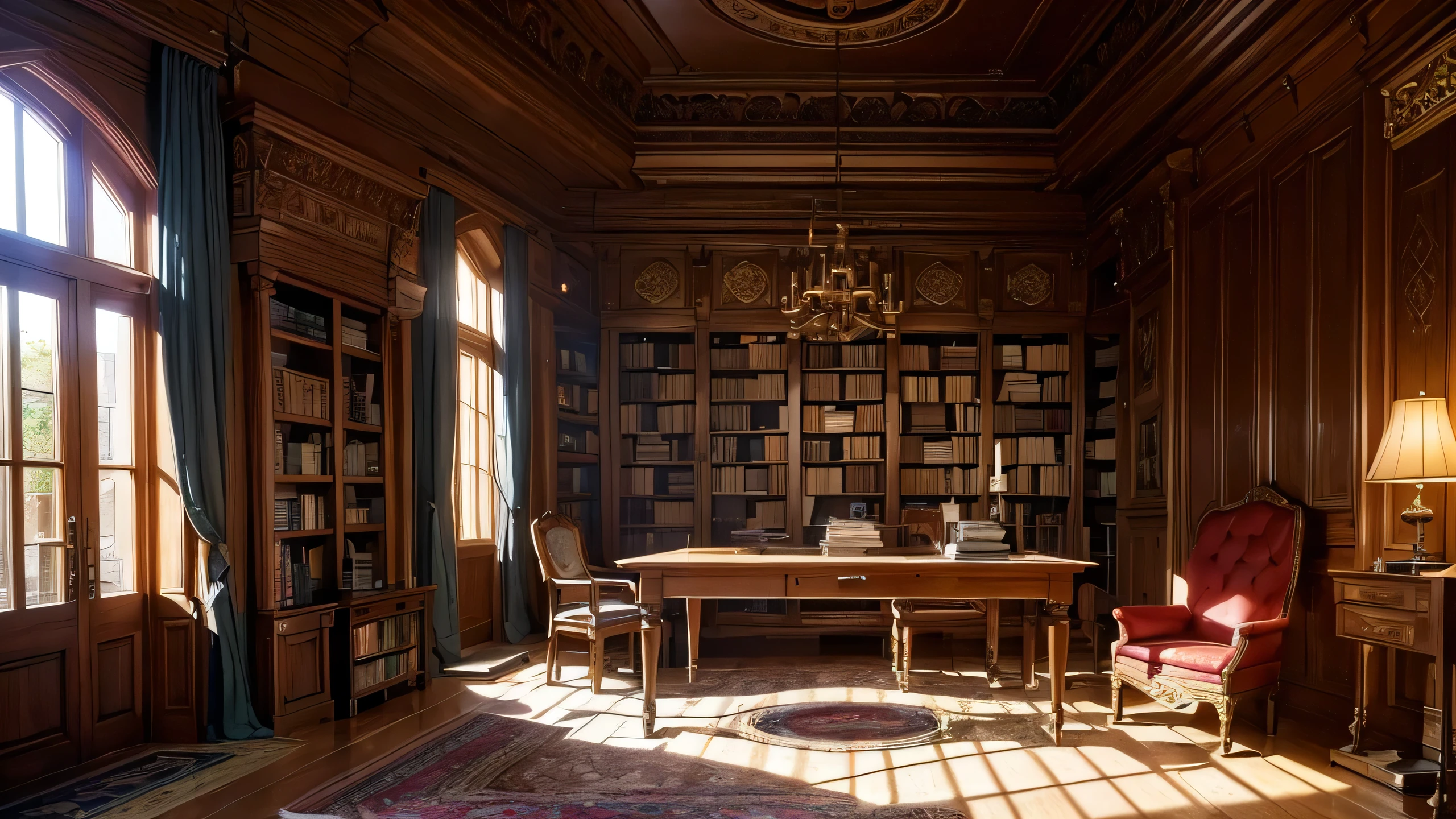 "An ancient library within Hyrule Castle, filled with towering wooden bookshelves that reach up to a high, vaulted ceiling. The shelves are packed with old, leather-bound books, scrolls, and mysterious artifacts. Dim, warm light from hanging chandeliers illuminates the room, casting soft shadows on the stone walls. A large wooden table sits in the center, cluttered with open books, quills, and parchment. Ornate rugs cover parts of the stone floor, and large arched windows, with heavy curtains partially drawn, allow a faint moonlight to filter in, adding to the room's mystical ambiance."