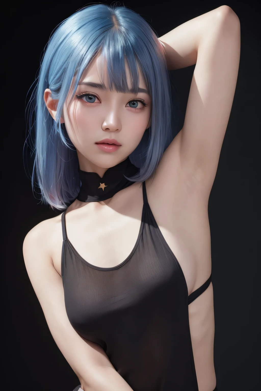 1girl, star eye, blush, perfect illumination, blue hair, brown eyes, unreal engine, sidelighting, detailed face, bangs, bright skin, simple background, dark background, focus armpit unshaved,
