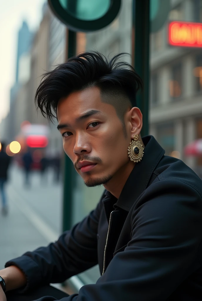 (masterpiece:1.5), Handsome Asian man turns to look at camera, temple earrings, earring, as rockers, sitting at the city bus stop