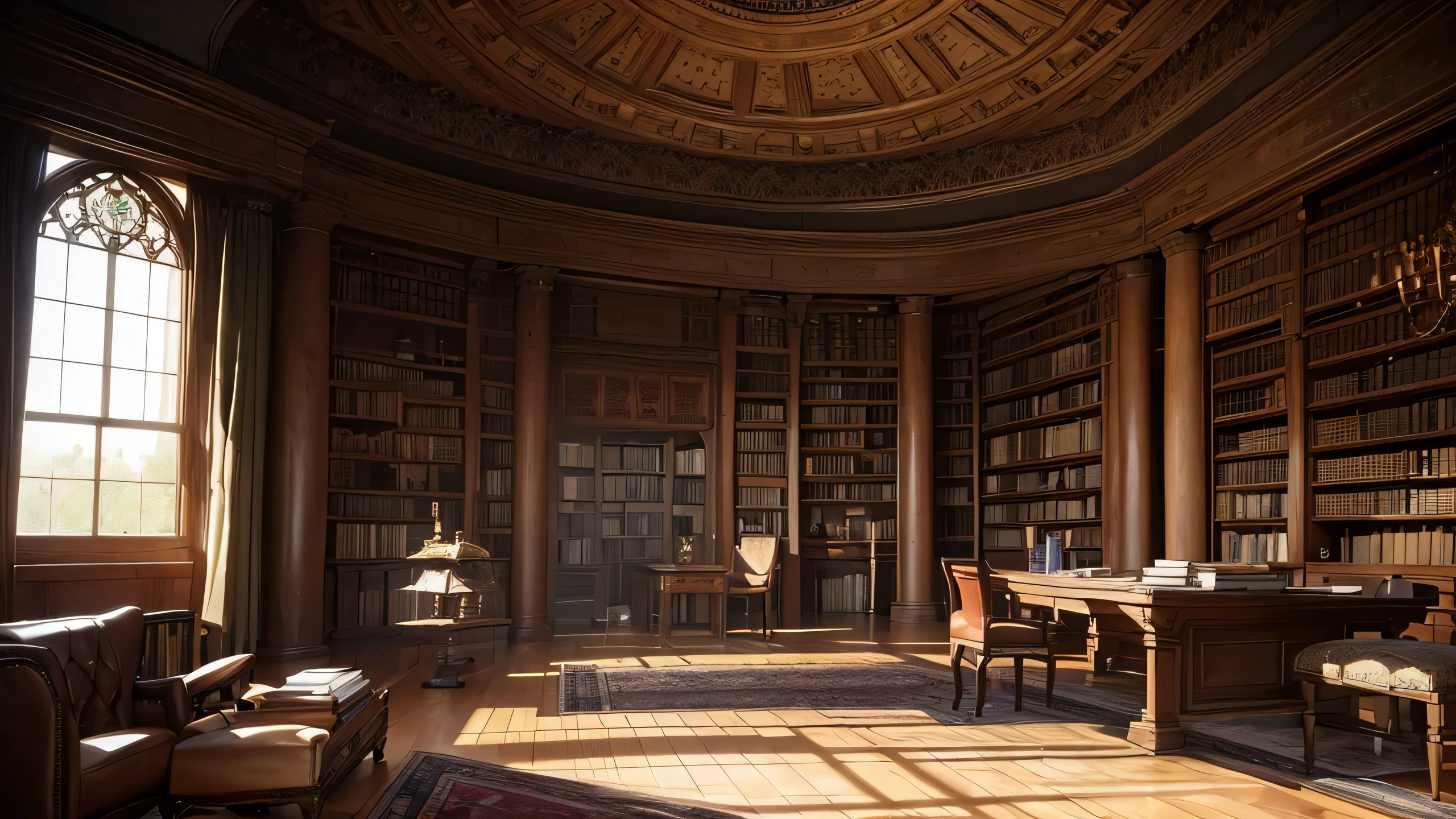 "An ancient library within Hyrule Castle, filled with towering wooden bookshelves that reach up to a high, vaulted ceiling. The shelves are packed with old, leather-bound books, scrolls, and mysterious artifacts. Dim, warm light from hanging chandeliers illuminates the room, casting soft shadows on the stone walls. A large wooden table sits in the center, cluttered with open books, quills, and parchment. Ornate rugs cover parts of the stone floor, and large arched windows, with heavy curtains partially drawn, allow a faint moonlight to filter in, adding to the room's mystical ambiance."