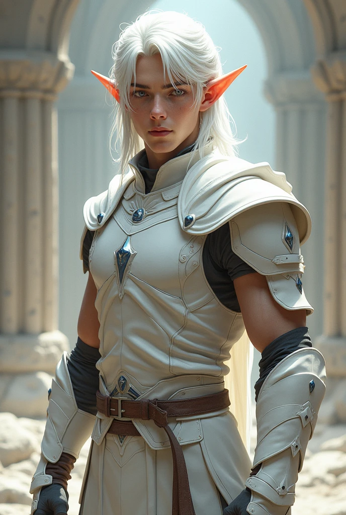Elf, man, white shoulder length hair, muskeln, warrior, young man, white warrior suit, elf, elf ears, light muscles
