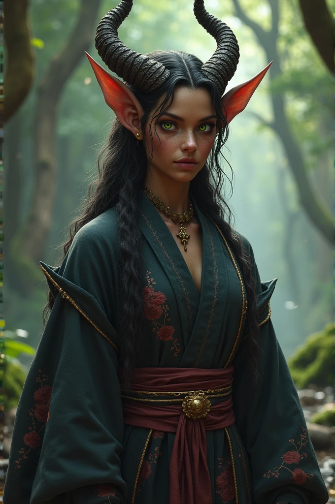 And a character for RPG, a brown-skinned Tiefling with only one horn wearing something similar to a kimono and each of his eyes also has a different color, the right eye has a green pupil and the left is dark with a golden pupil.