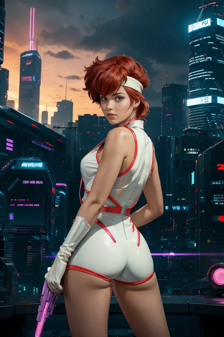 best quality,ultra-detailed,portrait of Kei from The Dirty Pair,realistic,animesque, vibrant colors,bold and dynamic pose,powerful expression,beautiful detailed eyes,intense,sharp focus,medium:anime style,short red hair,wearing her signature white jumpsuit and pink gloves,holding a laser gun in her hand,standing in front of a futuristic cityscape as the sun sets,featuring neon lights and towering skyscrapers,creating a cyberpunk atmosphere,with a touch of mystery and adventure, green headband, rear view, show butt