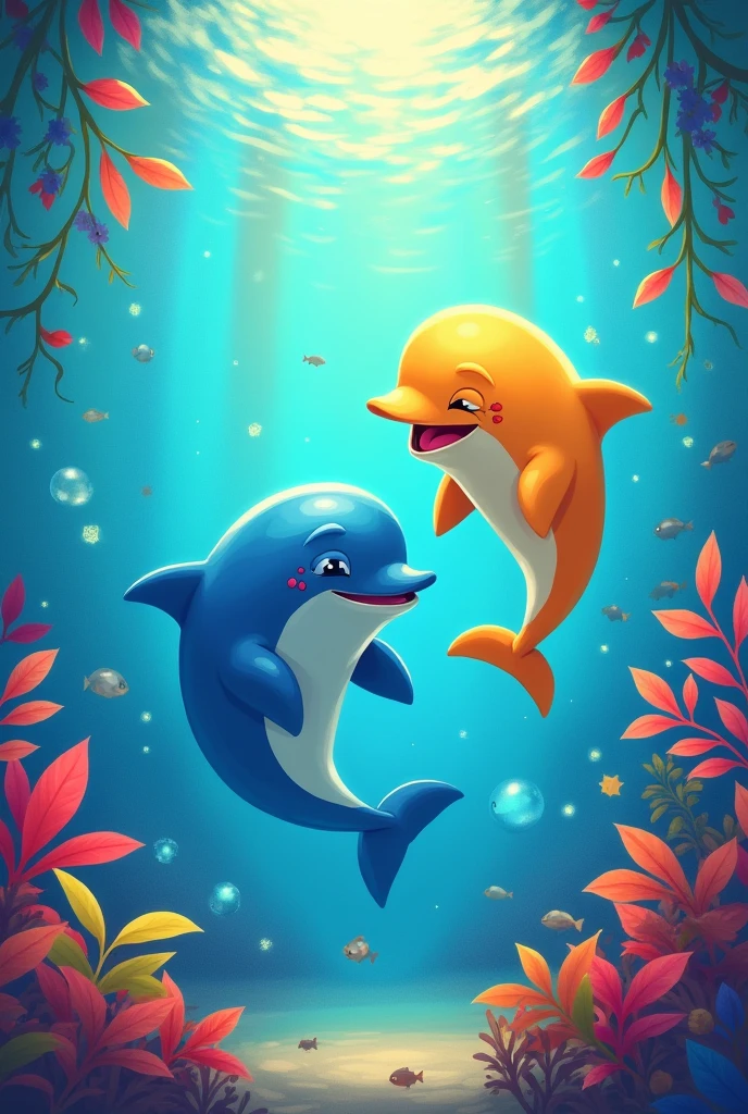 A blue dolphin and a yellow dolphin characterised by Nick and Charlie from Heartstopper with fish, 
rainbow and colorful leaves background