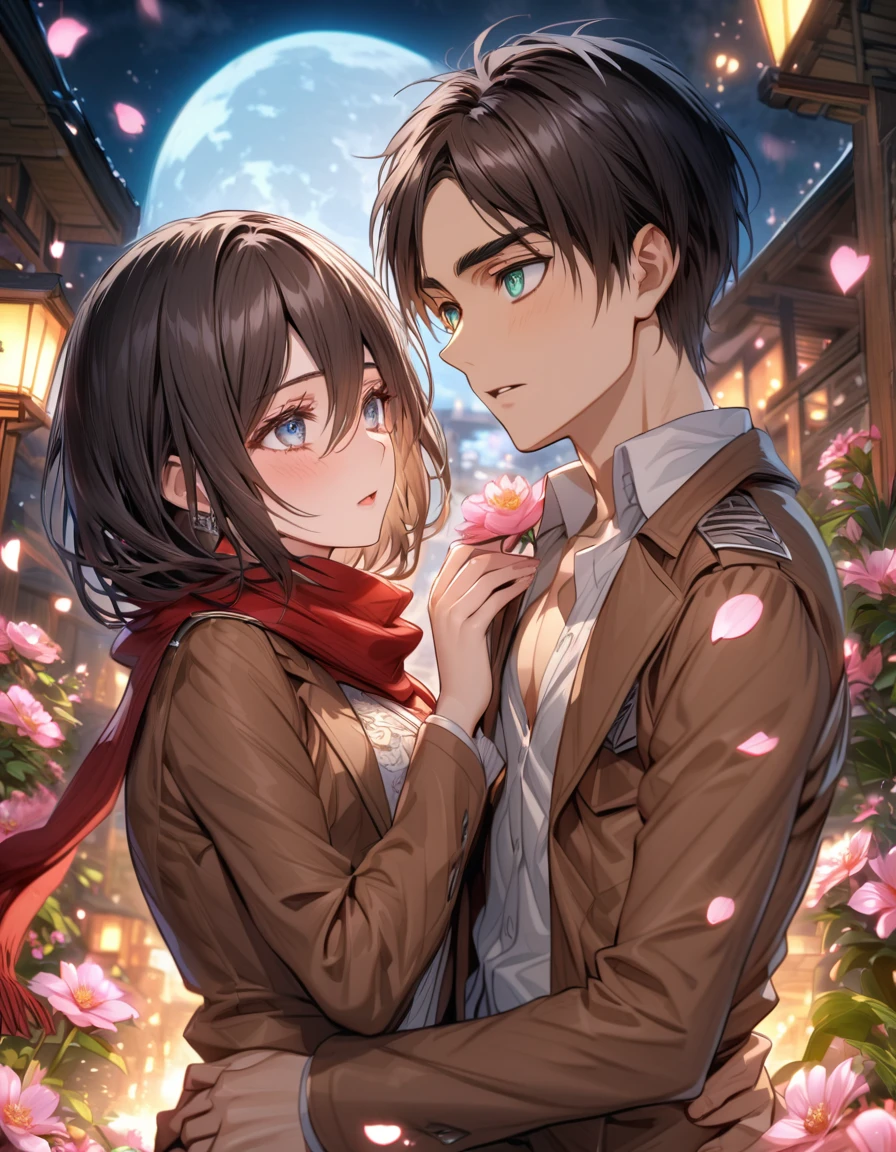 Ultra detailed, highres, absurdres, HDR, Eren Jeager, brown hair, expressive turquoise eyes, brown jacket, white shirt, Mikasa Ackerman, black hair, expressive gray eyes, brown jacket, white shirt, red scarf, Shingeki No Kyojin, pink flowers, petals, fireflies, moon, a beautiful woman together with a handsome man, couple, handsome, beautiful, in love