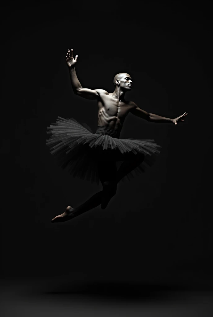 create a conceptual photograph of a very black man painted with black paint, with a shaved head and dancing and wearing only a full and tight tulle skirt like a black ballerina, dark background, with direct light on the man. jumping floating
