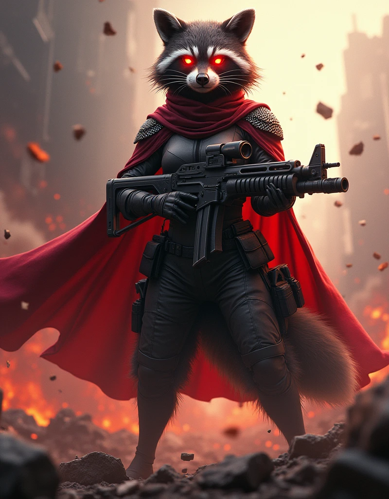 A female raccoon with flaming eyes wearing a female military uniform with a cape in a war area holding a powerful machine gun with a victorious red color aura