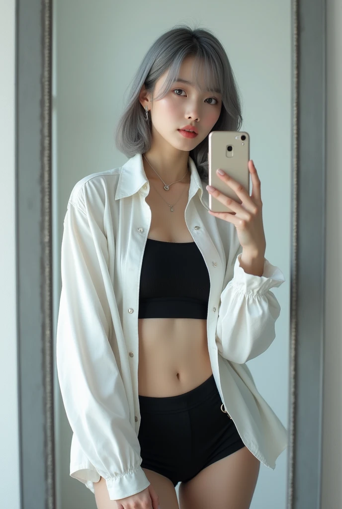 highly detailed, beautiful, hyper Realistic girl, masterpiece, best quality, Depict a mysterious and sophisticated beautiful Japanese gravure model,, 18-years-old, identity hidden, all body shot, / gray arranged hair, small head, Detailed face, cute and Pretty slim face, wide Duck mouth, perfect beautiful Tooth, arranged gray hair, shiny eyes, blue-colored eyes, Realistic skin, Detailed face, // sitting, model posing, / This fall fashion look emphasizes a relaxed yet polished style. The oversized white shirt drapes loosely over the body, creating an effortless, airy silhouette that contrasts nicely with the fitted black crop top underneath. crop top that covers up to the neck, The shirt’s exaggerated proportions add a sense of ease and movement, perfect for layering as the weather cools. The white drawstring shorts maintain the casual vibe while keeping the look cohesive and fresh. Paired with black open-toe heeled boots, the outfit balances comfort with a touch of elegance. A small black chain bag and a simple silver necklace subtly elevate the minimalist, modern aesthetic, //// simple white single room, gray frame mirror, complicated background /// takes a selfie in her room using a smartphone in front of a mirror with one hand, standing and sexy Posing, all body below shot, focus shoes, looking away from the camera,
