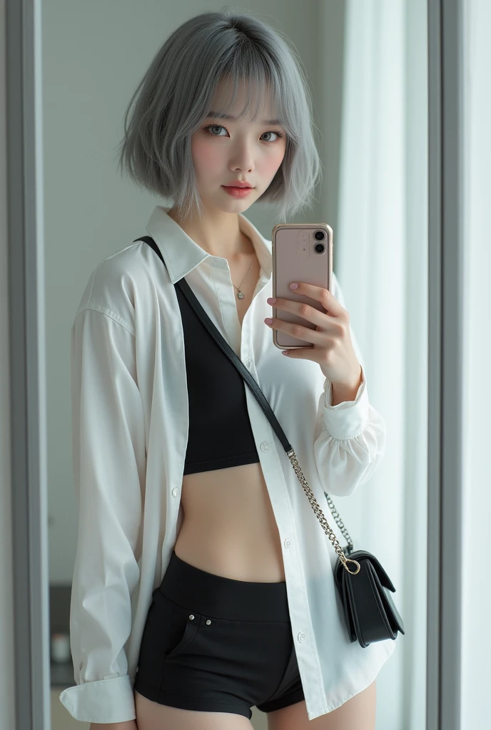 highly detailed, beautiful, hyper Realistic girl, masterpiece, best quality, Depict a mysterious and sophisticated beautiful Japanese gravure model,, 18-years-old, identity hidden, all body shot, / gray arranged hair, small head, Detailed face, cute and Pretty slim face, wide Duck mouth, perfect beautiful Tooth, arranged gray hair, shiny eyes, blue-colored eyes, Realistic skin, Detailed face, // sitting, model posing, / This fall fashion look emphasizes a relaxed yet polished style. The oversized white shirt drapes loosely over the body, creating an effortless, airy silhouette that contrasts nicely with the fitted black crop top underneath. crop top that covers up to the neck, The shirt’s exaggerated proportions add a sense of ease and movement, perfect for layering as the weather cools. The white drawstring shorts maintain the casual vibe while keeping the look cohesive and fresh. Paired with black open-toe heeled boots, the outfit balances comfort with a touch of elegance. A small black chain bag and a simple silver necklace subtly elevate the minimalist, modern aesthetic, //// simple white single room, gray frame mirror, complicated background /// takes a selfie in her room using a smartphone in front of a mirror with one hand, standing and sexy Posing, all body below shot, focus shoes, looking away from the camera,