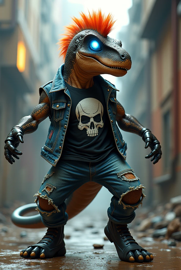 Create a cool dinosaur with a mohawk, a sleeveless denim jacket, a pair of jeans, a black shoe, a black shirt with a skull, a robot eye, and make it into an animated cartoon.