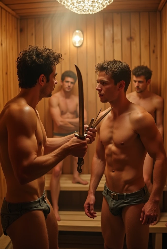 Sword fight between Nolan Gould and Grant Gustin  in a sauna with more men , all totally . 