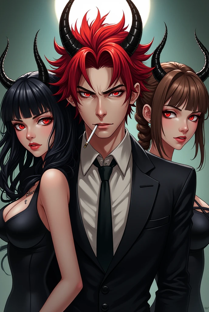 Genera 3 personajes de anime un hombre y dos mujeres El hombre con pelo rojo y mechones negros ropa negra fumando Con horns y Red eyes la Mujer 1 Blanca, black hair somewhat curly, Red eyes, shoulder length hair, busto grande y horns y la mujer 2 Morena, short straight hair, braids on the sides, elegant, horns, tired face and eye shadow