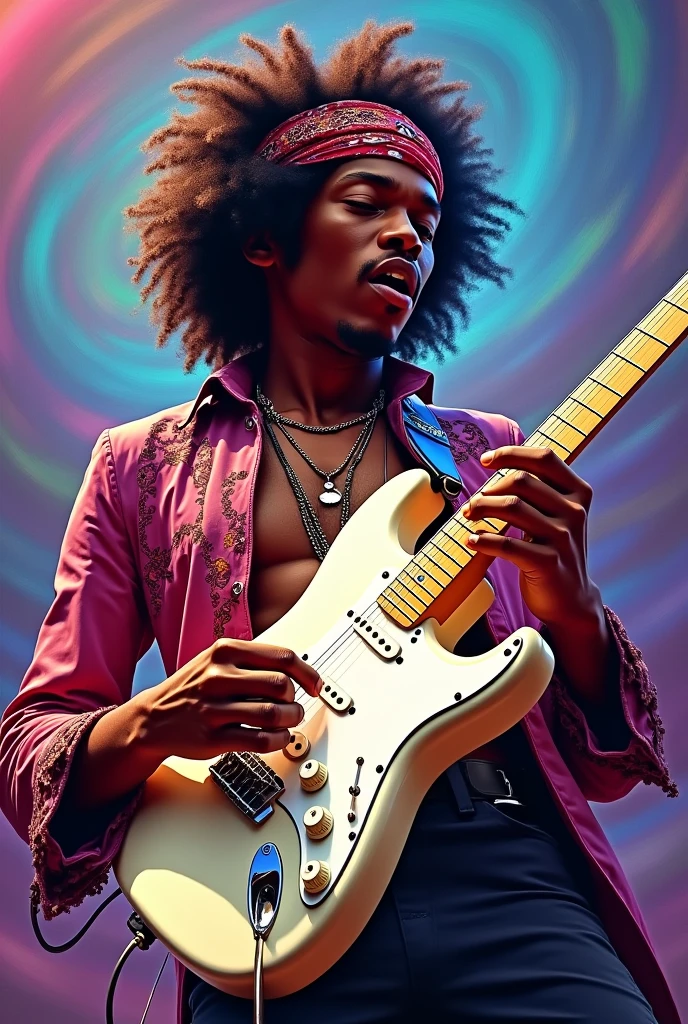 Make a digital art of Jimi Hendrix wearing a bandana on his head, playing a white upside down stratocaster guitar with a psychedelic theme in the background