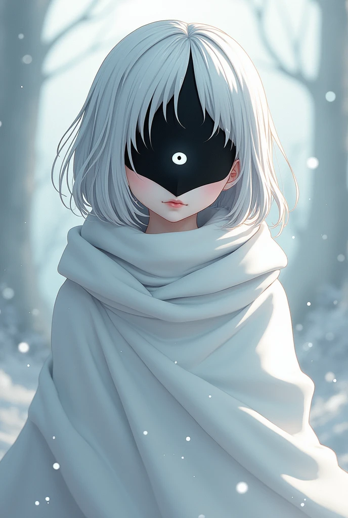 Anime style girl with medium-long white hair with black tips with a blanket covering her entire white body and a black mask with a large eye in the center that covers her entire face so that her face is not visible so that her face cannot be seen