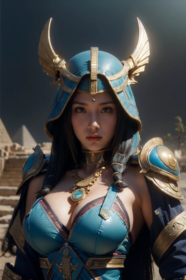 ((Highest quality、8k、masterpiece:1.3))、Photorealistic, Sharp focus, high resolution, High resolution, Portraiture, One person, woman, beautiful woman, sexy、古代エジプトを歩くエジプトのwoman戦士、Complex technology, Pyramids and ancient Egyptian cities far away、cyber-、Light and shadow、Cyan Light、