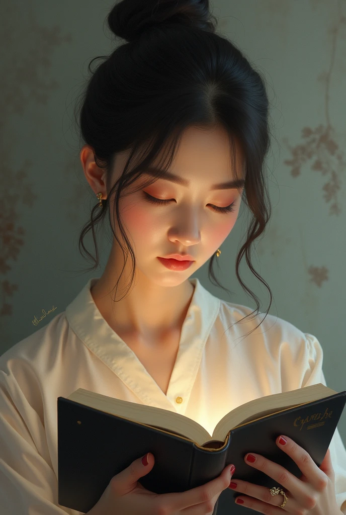 Create a woman reading a book (the background is a story about a character I like, a high school boy in Korea)
