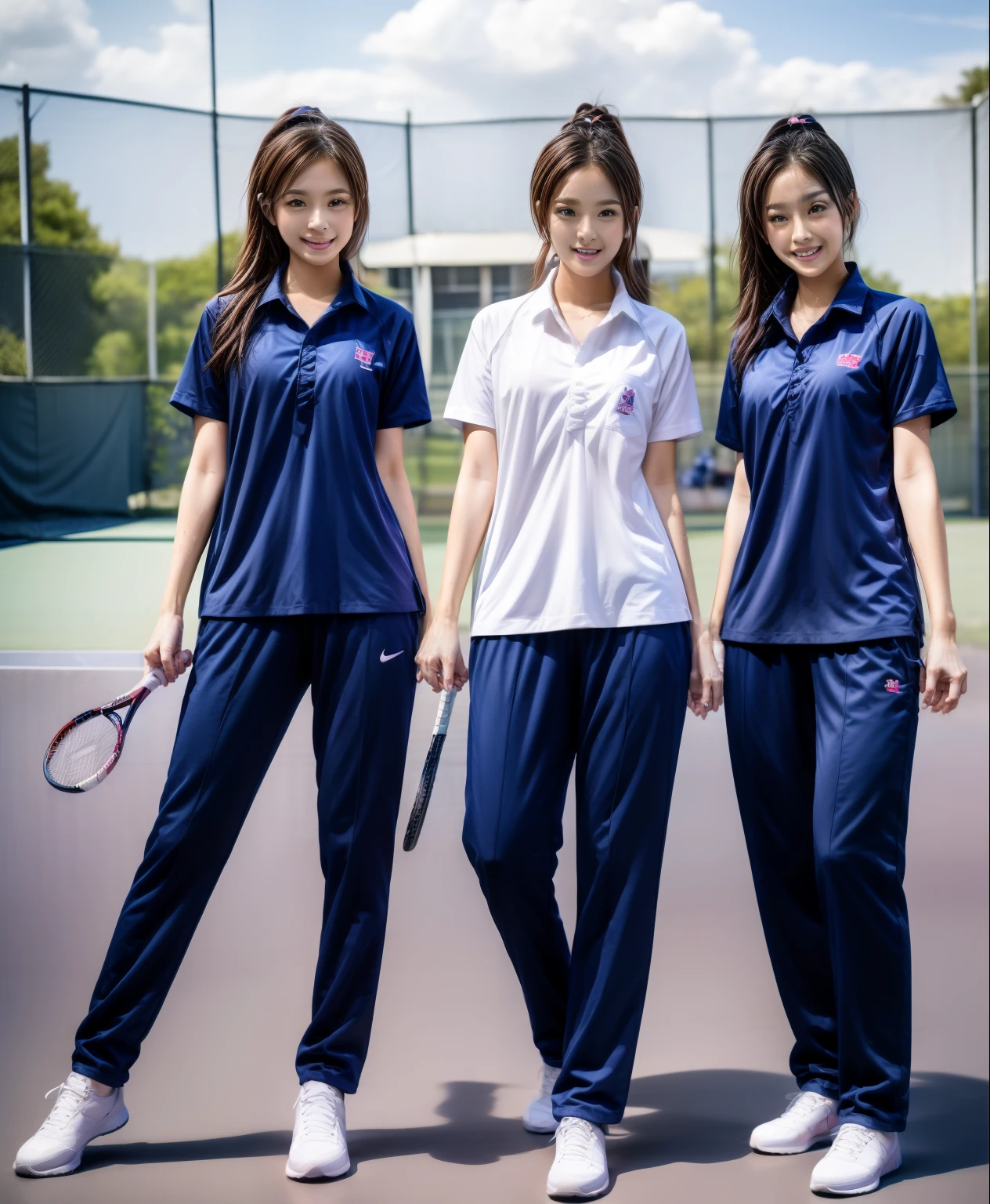 3 girls play tennis at tennis courts, Navy blue short-sleeved shirt,Navy Long Trackpant,Sweatpants, Sweatpantsขายาว,2 girl, lesbian, sexy, exercise clothes, wet body, exercise clothes