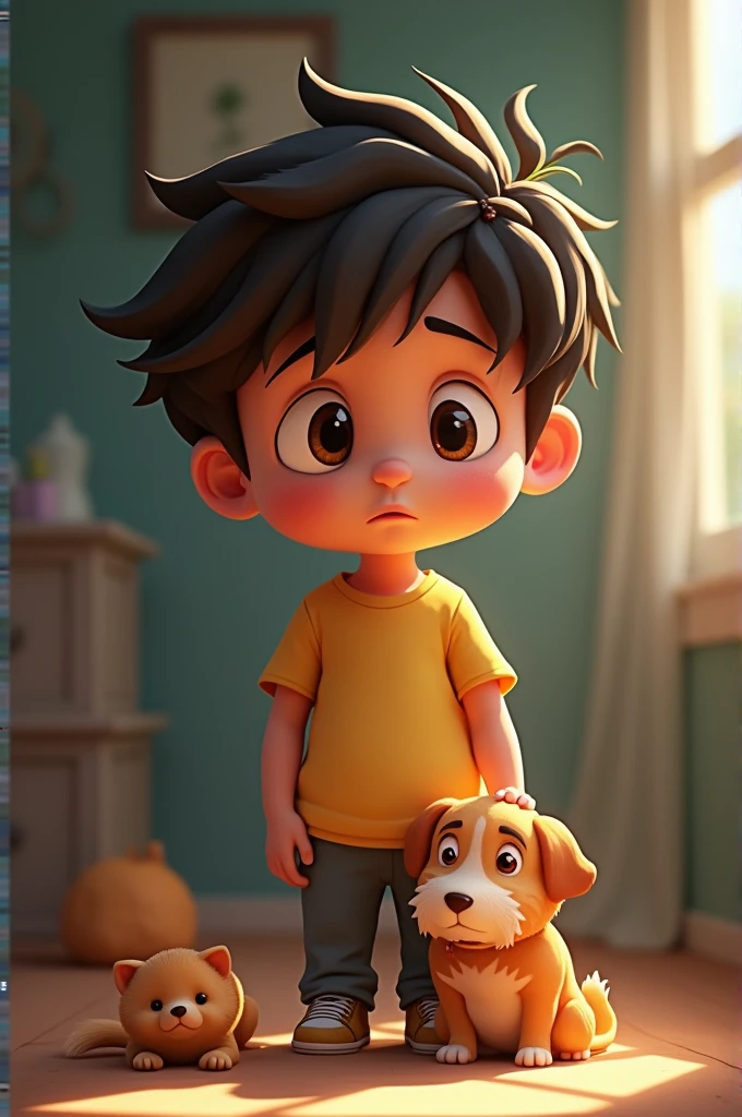 Create me an animated character that is a sad child because of the death of his pet that is 2D