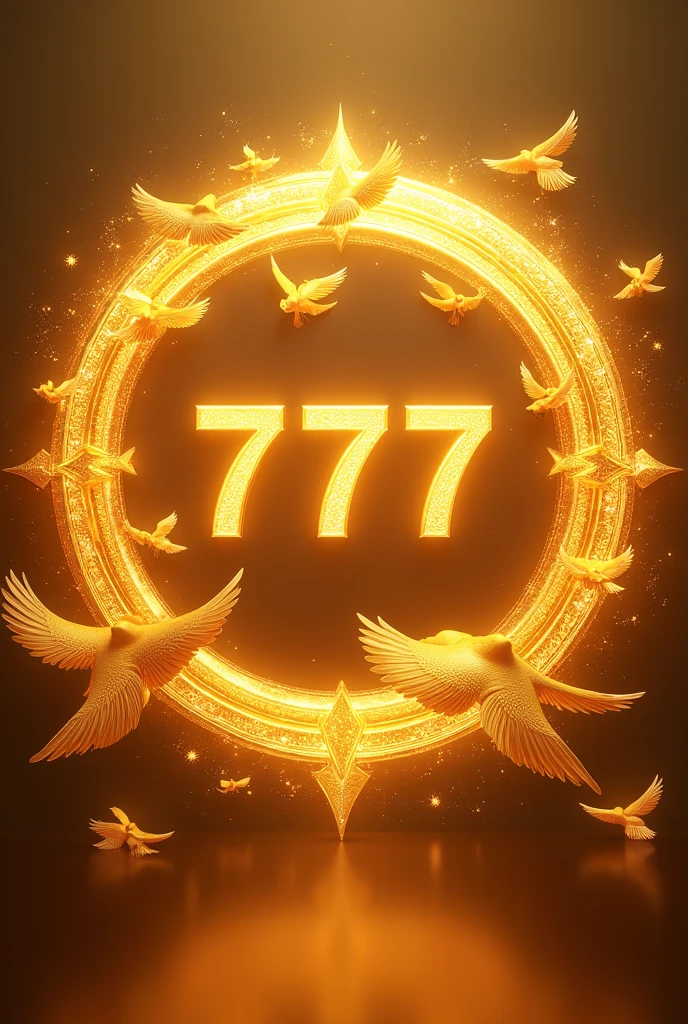 golden circle, at the top that says "Red" in gold luminoso y debajo "777" in gold, 3D LETTER a birds around. head on