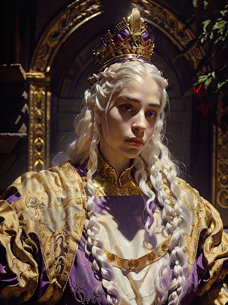 Beautiful albino woman with detailed braided medieval hairstyle (silky hair)(updo) (white hair,wearing detailed medieval horse riding clothes (red and black colours), with gold accessories and gold tiara, medieval queen, medieval woman,queen,game of thrones style,daenerys targaryen style, high quality, very detailed,hd quality, masterpiece ((purple eyes))