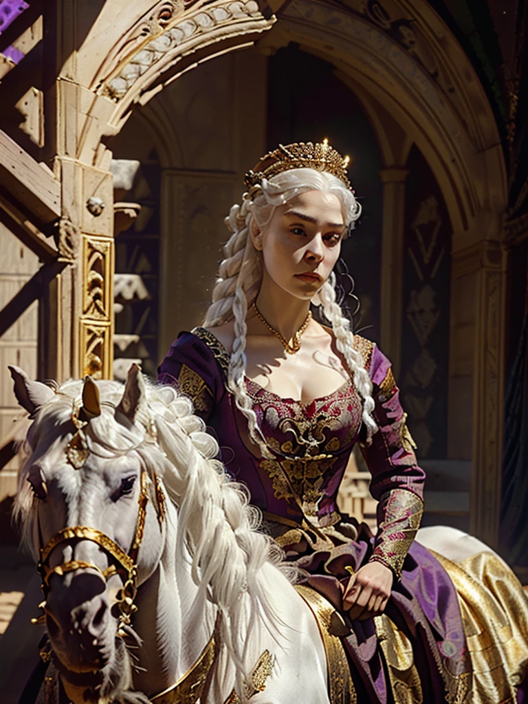 Beautiful albino woman with detailed braided medieval hairstyle (silky hair)(updo) (white hair,wearing detailed medieval horse riding clothes (red and black colours), with gold accessories and gold tiara, medieval queen, medieval woman,queen,game of thrones style,daenerys targaryen style, high quality, very detailed,hd quality, masterpiece ((purple eyes))