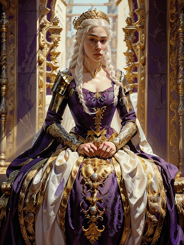 Beautiful albino woman with detailed braided medieval hairstyle (silky hair)(updo) (white hair,wearing detailed medieval horse riding clothes (red and black colours), with gold accessories and gold tiara, medieval queen, medieval woman,queen,game of thrones style,daenerys targaryen style, high quality, very detailed,hd quality, masterpiece ((purple eyes))