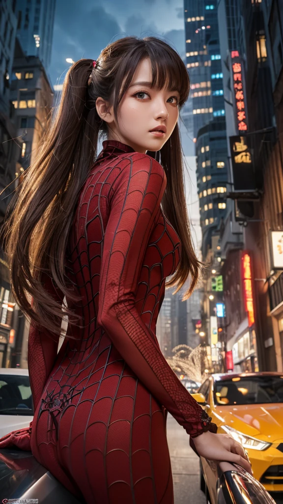 (masterpiece, Highest quality), Intricate details, 8k, Art Station, wallpaper, Official Art, Splash Art, Sharp focus,, One person, Long Hair, Twin tails, Red eyes, Brown Hair, , Spider Suit, spiderweb printing, spiderweb, , skyscraper, city, building, car, street,