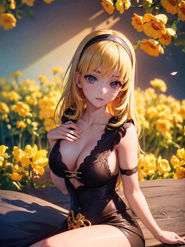 (RED Ribbon on HAIRband:1.2),Blonde HAIR,(masterpiece, best quality, highly detailed, ultra detailed, high resolution, absurdres, 4K, 8K:1.2), (official art, incredibly fine illustration, extremely detailed CG, detailed background, cinematic lighting, dynamic angle, perfect hands, detailed shiny skin, detailed hair, detailed eyes)(extremely awesome detailed pretty  face,beauty face)(extremely detailed)(Three-dimensional depiction)
BREAK, ((canola flowers, cherry blossoms)){(large grounds, canola flowers, cherry blossoms in full bloom, beautiful woman wearing a one-piece dress)},8k, high resolution, absurd, employed, delicately composed, detailed, exquisitely detailed, bold composition, cinematic angles, dynamic angles, top quality, masterpiece,