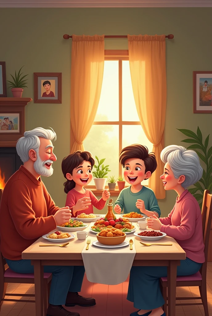 Cartoon of a father, a mother, a grandfather, a grandmother, a son and a daughter in a living room sitting at a table having dinner