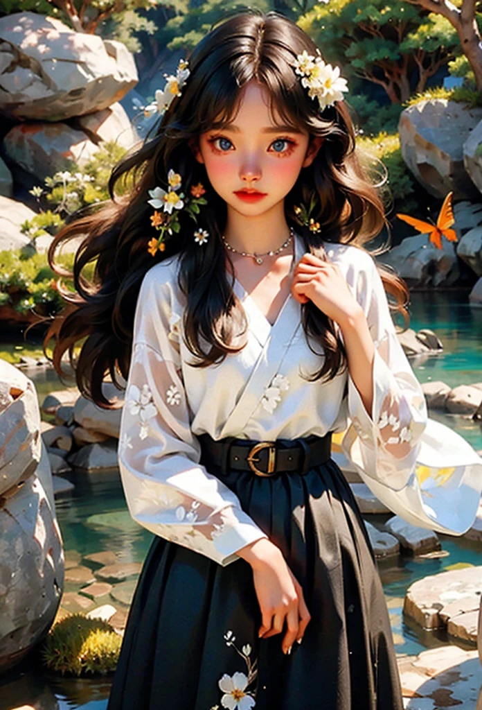 expressionless, realistic photo, (dark fantasy), (Awesome concept art), (Detail Splash), Long straight white hair, blue eyes, girl, pure black dress, Color only, The sleeve ends and skirt part are dark red.. A sparkling diamond belt around the waist, There is a red butterfly hairpin next to the ear.. masterpiece, best quality, high quality, red and black crystal necklace, black knee socks,