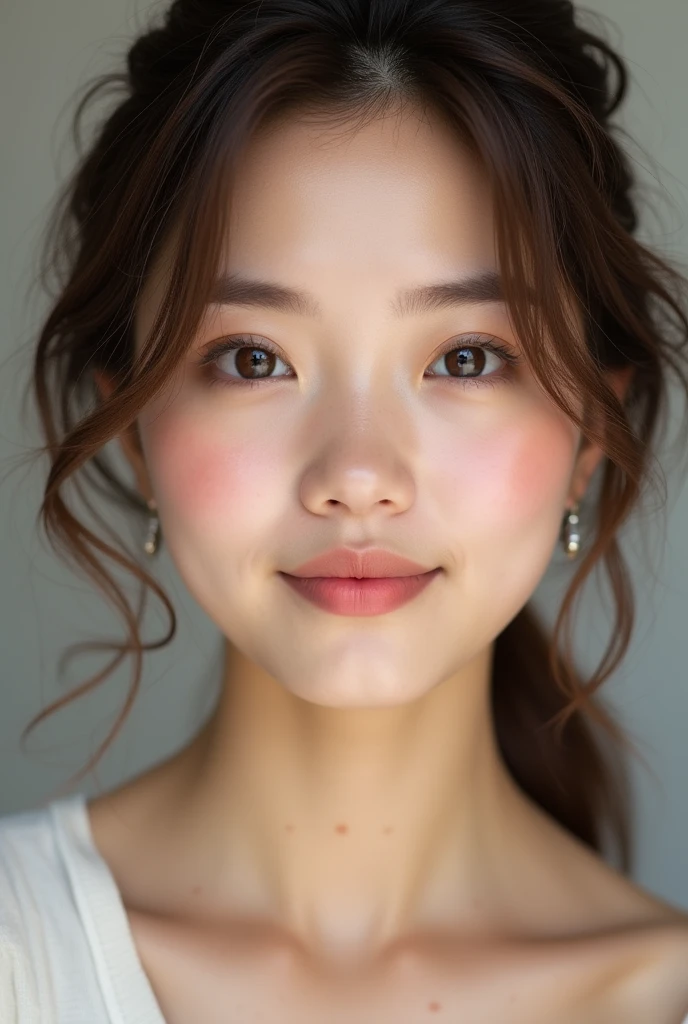 Round face with chubby cheeks white women with brown hair hazel eyes with makeup