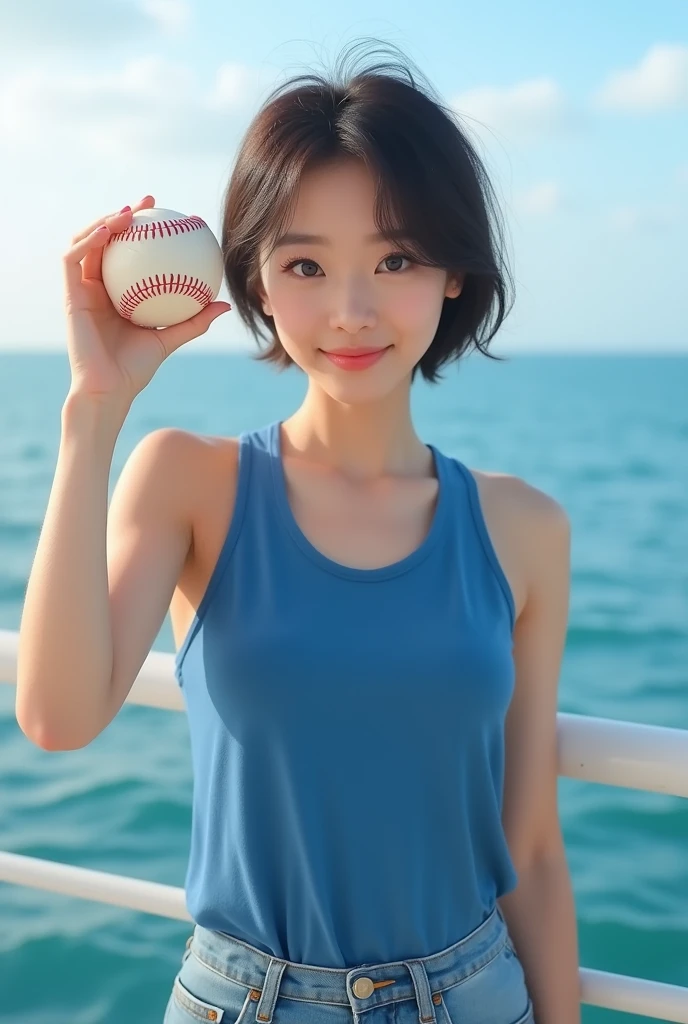 Highly realistic 8k photos, sea background, standing on a boat, Holding a baseball sideways with one hand, Korean woman, Wearing a blue sleeveless top and jeans, standing face to face, Looking at the camera, short hair, A little smile, The baseball is clearly visible,