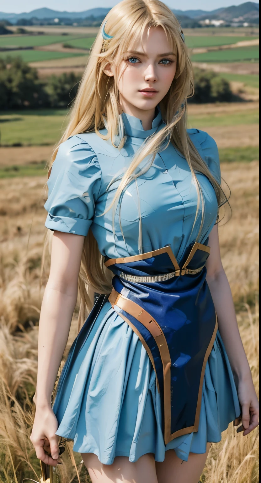 a beautiful woman standing in a field with blue sky and grass, long blonde hair, pale skin, blue eyes, model-like physique, tall, (best quality, 8k, highres, masterpiece:1.3), official art, beautiful and aesthetic, looking at viewer