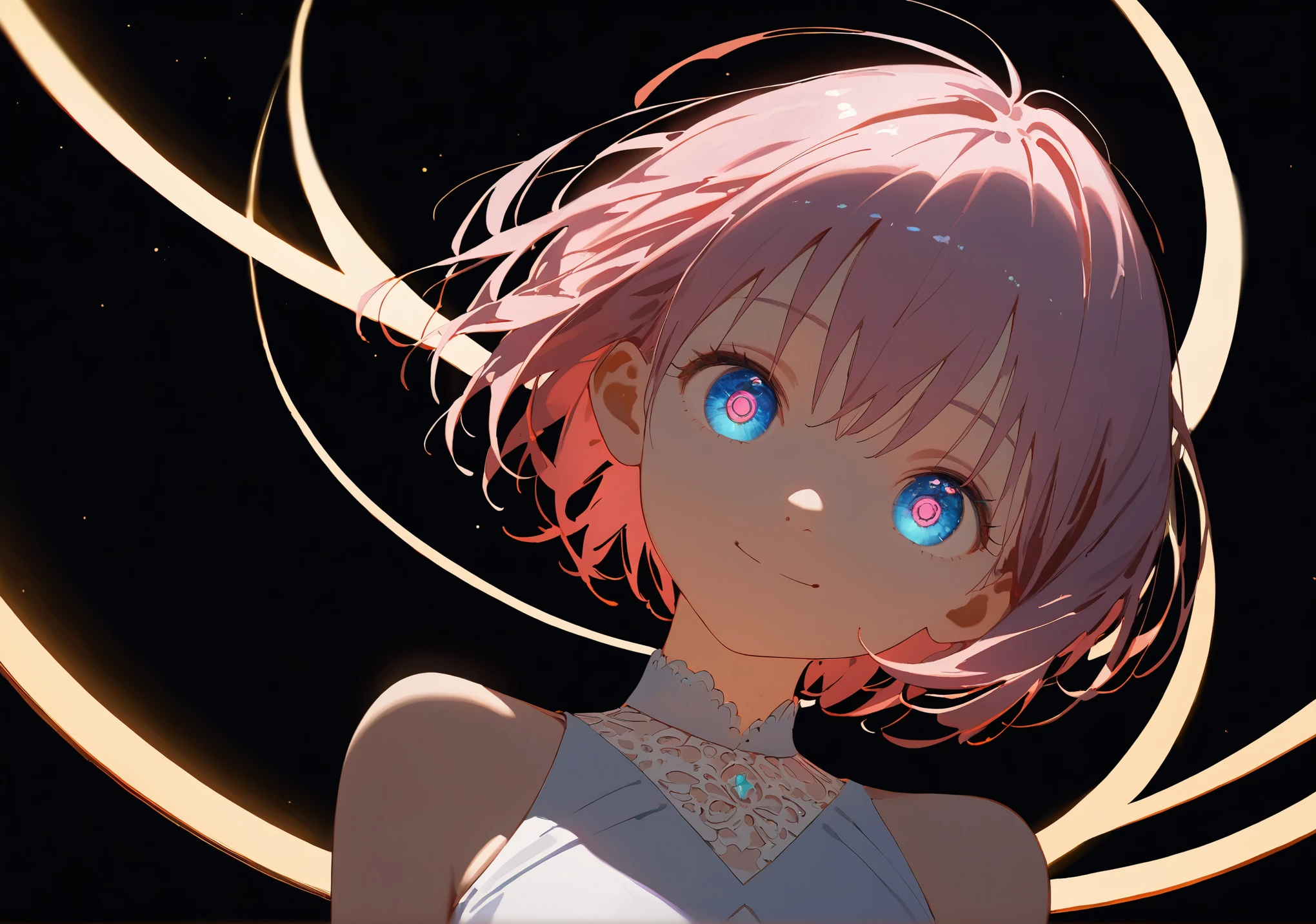 (Masterpiece:0.9), best quality, (illustration, very aesthetic:0.95), (ultra detailed), 1girl, wallpaper pink anime girl, teen, short hair, 16 years, intricate details, solo, slim, skinny, medium breast, detailed eyes, looking at viewer, head tilt, smiling, (cinematic lighting, rim light), absurd, (black background:1.4),