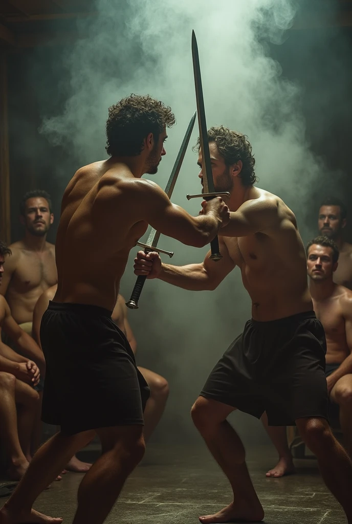 Sword fight between Nolan Gould and Grant Gustin without clothes in a sauna with more men without clothes, all totally naked. no underpants. 