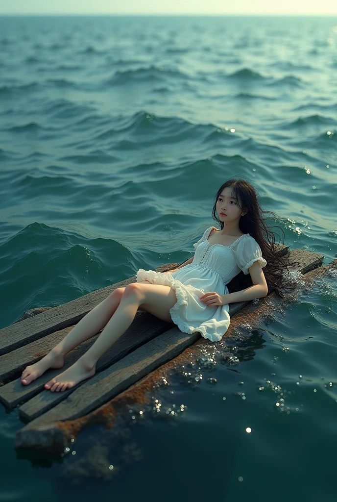 One girl in the sea in ship