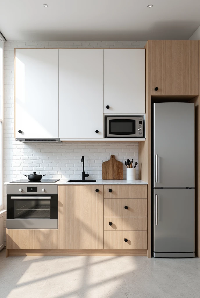 "Small kitchen cabinet, 2.5 meters in length. White only on top and wooden only on the bottom, with black round handles. 

It includes space for a microwave, cooktop, sink, and oven.

With a white marble countertop.

With an extension on the right side for a stainless steel refrigerator.

Background wall with white subway tile."