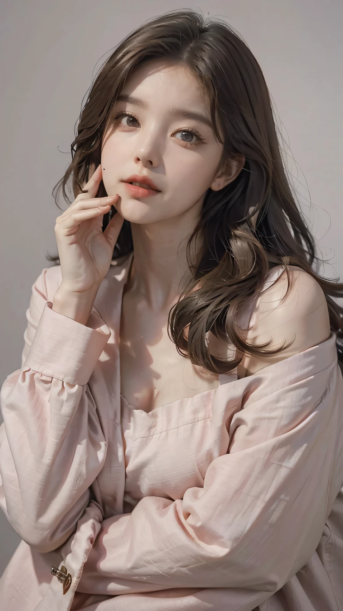 (masterpiece, real: 1.4), (very complex: 1.2), (upper body: 1.2), (from the front: 1.3), silk underwear (light blue, high-class and fashionable, skin-fitted) with shoulder straps on one side embarrassed and hanging on the arm, long hair, chest, hotel, looking at the viewer, the expression is a little embarrassing, the Japan about 19 years old, face (big eyes, fashionable makeup, beautiful nose, lips pink lip), head tilted, sitting in the middle of the hotel elegant snow-white sheet bed, long hair, one girl, solo, ultra high definition, 8K UHD, film grain, perfect human, exquisitely detailed skin, delicate, high resolution