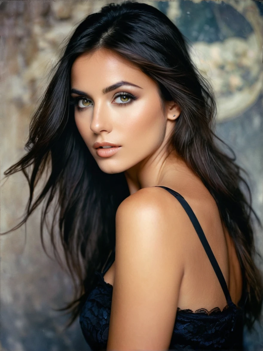 a beautiful brunette woman in a dark dress, dark brown eyes, dark hair, straight hair, Collect, excellent facial feature, Perfect eyes, ultra realistic eyes, perfect face, perfect body, cinematographic, color analog film hot, intimate pose, realistic hair, ((perfect face)), ((Cara sexy)), whole body and head, full shot of a sexy beautiful girl, photograph, hot realistic, Evocative pose, ((Mignon)), pose sexy, (look at the viewer), type of germ, Alphonse Mucha, (large eyes), parts, cinematographic lighting, Very detailed, Misty background, shot on Fujifilm Superia 400, low light, 32K, cinematographic composition, professional color calibration, film grain, atmosphere, marvelous, very stormy . Faded film, desaturated, 35mm hot, granular, vignette, ancient, kodacromo, lomography, Of colors, Very detailed, Found images , film grain, photography, hot shoot, cinematographic lighting, volumetric lighting, incredibly detailed, hot, sexy, very attractive, Super model