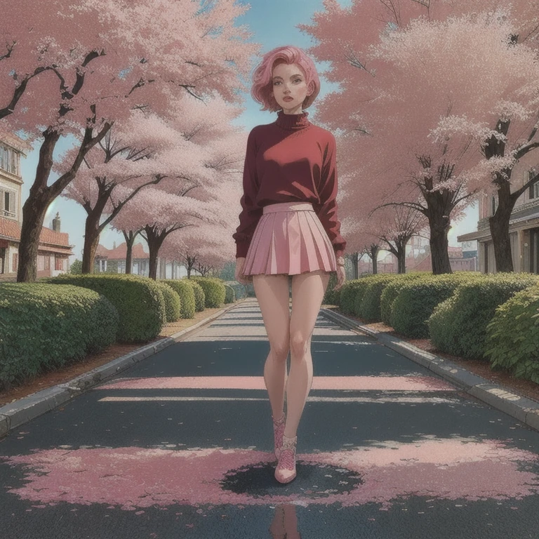 masterpiece, best quality, ultra-detailed, illustration, wide angle, 1girl stand in the middle of road, solo, road in the middle and pink cherry trees on roadside, full body, 20 yo, pink hair, sweater, short skirt, fashion,, composition, balance, harmony, rhythm, color, light, shadow, reflection, refraction, tone, contrast, foreground, middle ground, background, naturalistic, figurative, representational.