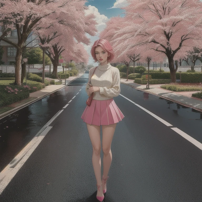 masterpiece, best quality, ultra-detailed, illustration, wide angle, 1girl stand in the middle of road, solo, road in the middle and pink cherry trees on roadside, full body, 20 yo, pink hair, sweater, short skirt, fashion,, composition, balance, harmony, rhythm, color, light, shadow, reflection, refraction, tone, contrast, foreground, middle ground, background, naturalistic, figurative, representational.