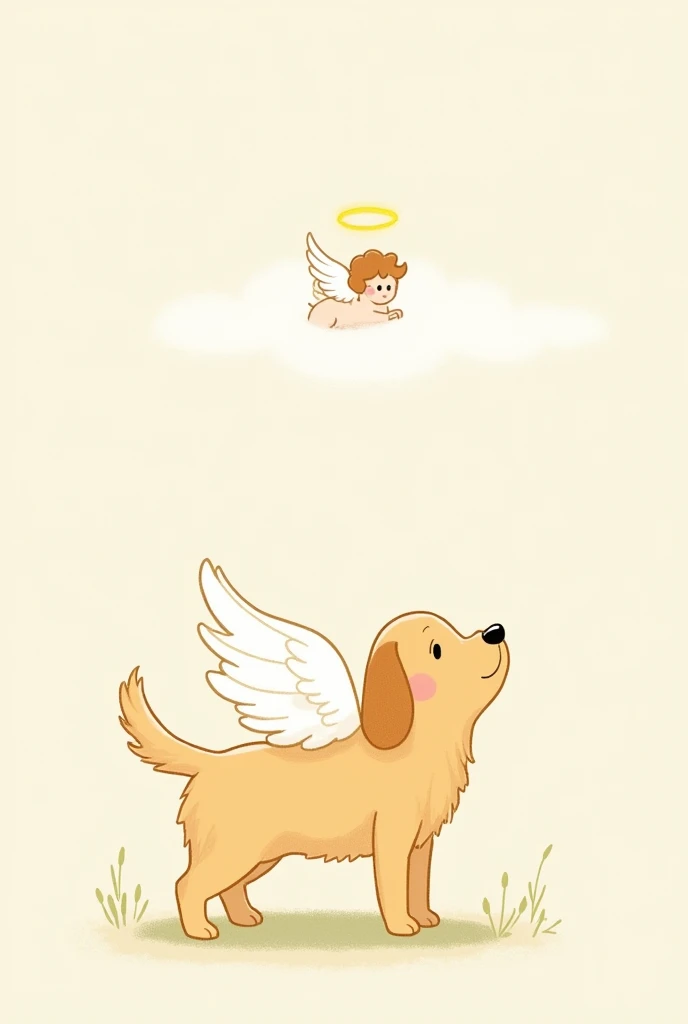 Simple thin line drawing Cute illustration Hand-drawn cartoon style Animal characters(Golden Retriever ) Gentle expression, curious expression, pastel colors, limited color usage、Simple background Characters are placed in the center The dog has wings Flying towards the clouds A cute angel is waiting on the clouds There are clouds above For children Gentle Peaceful