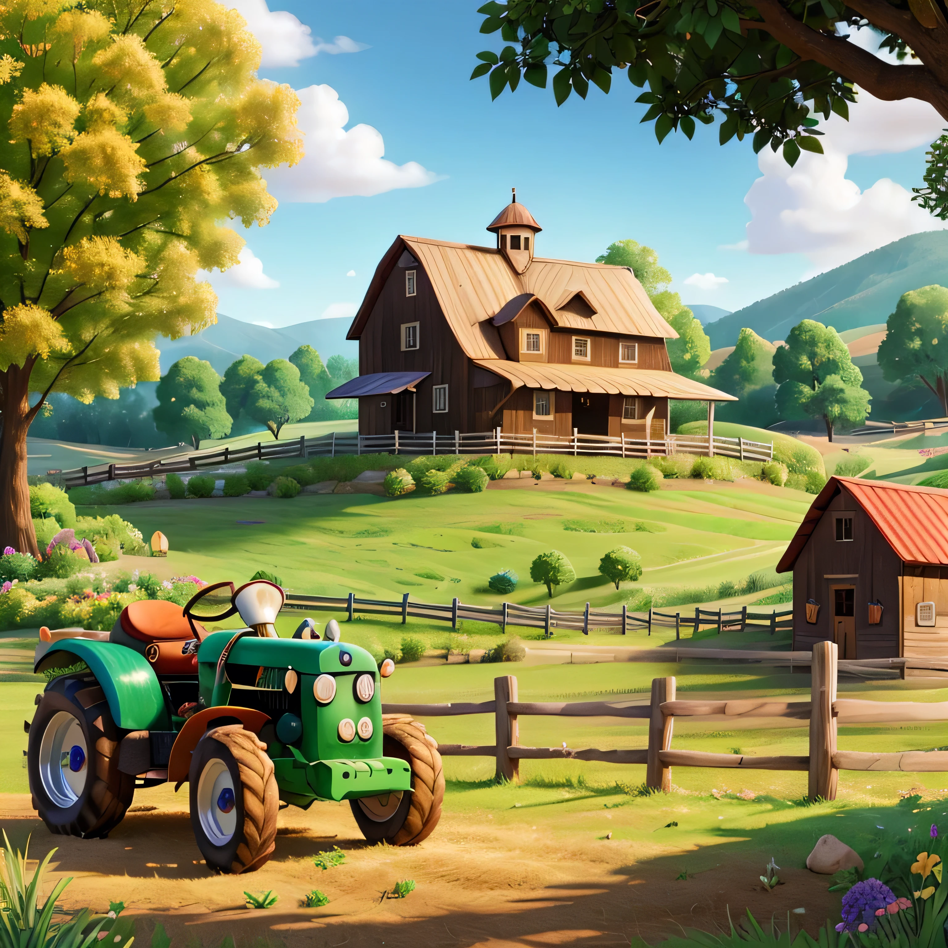 A beautiful and exquisite farm,ALEGRIA, Lush green fields, Rustic wooden fence, Riding a child,decorated in white, Rolling hills in the background, Antique tractor parked near a barn, Picturesque scenery, Warm golden sun, Very detailed, Reality, Extremely detailed, Vibrant colors, masterpiece, 8K, Award-winning photos,Happy animal in the center of the photo.